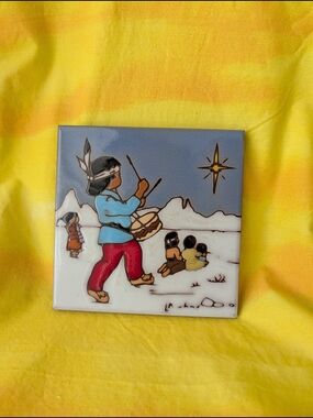 Hand-Painted Ceramic Tile with Drummer Scene - Blue, Red, White